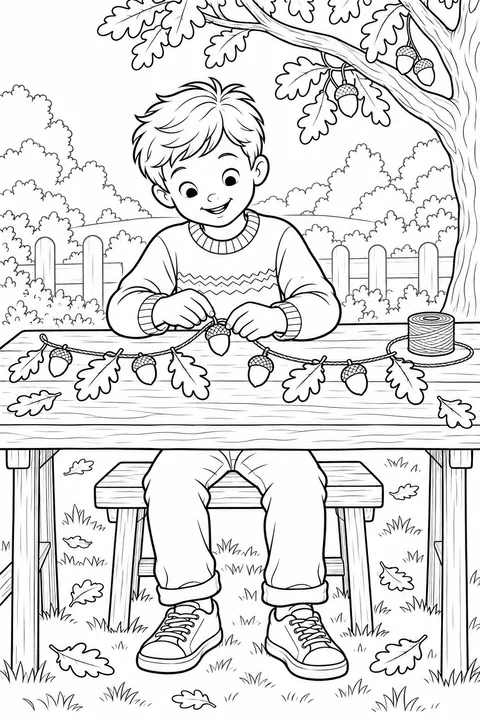 A boy arranges acorns and oak leaves on a string at an outdoor table, with a spool of twine beside him.