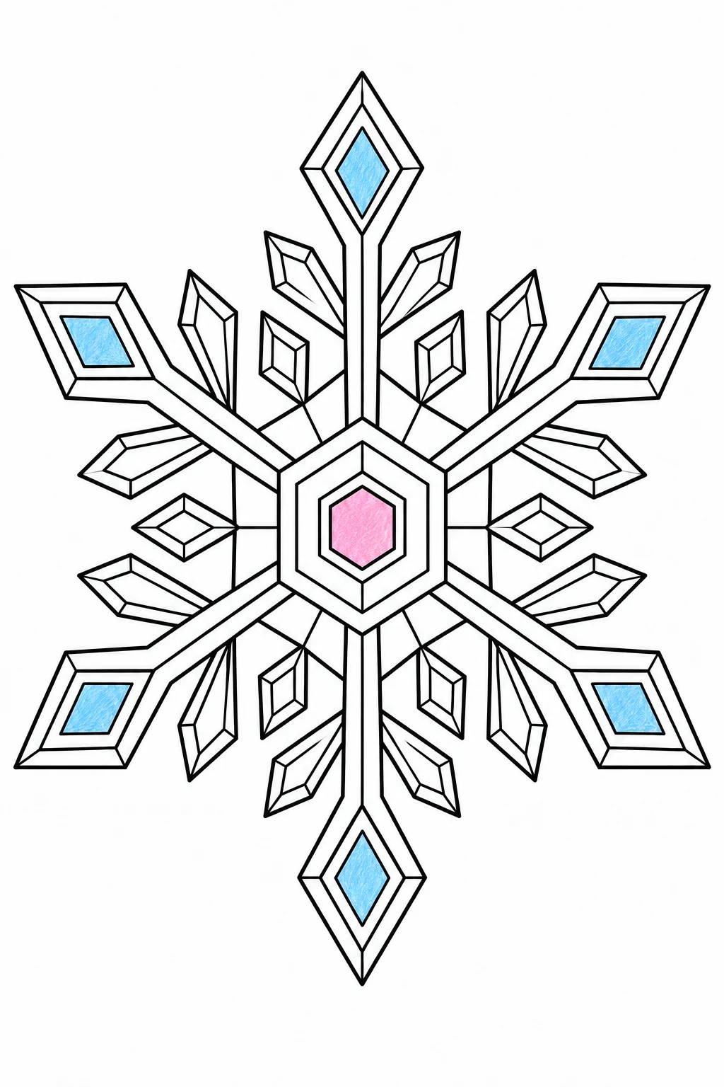 Angular snow crystal with six blue diamond centers at its tips and one pink central hexagon.