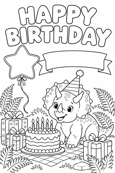 A friendly triceratops in a party hat picnics beside a cake on a checked mat, gifts and a star balloon.