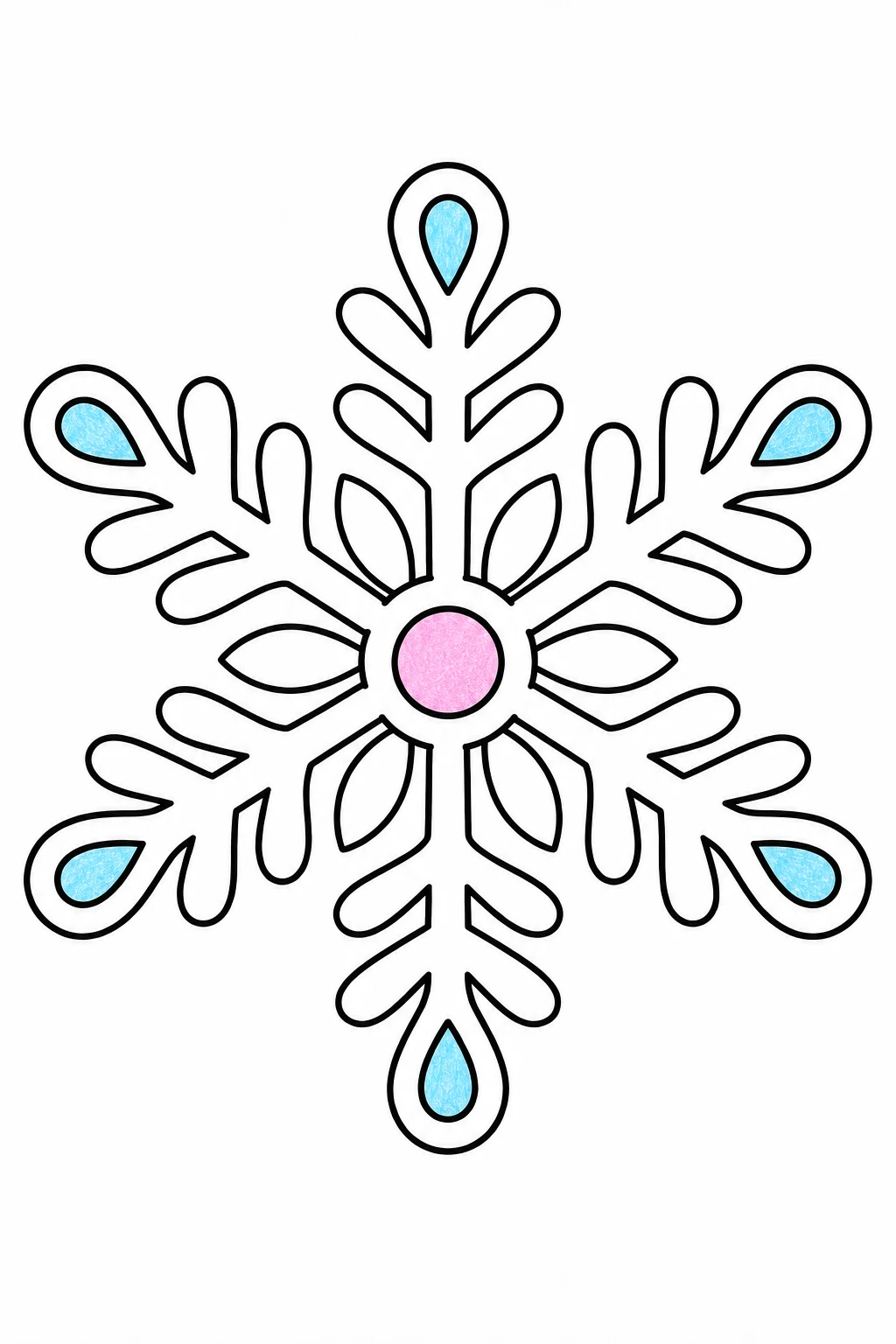 Rounded snowflake with six blue teardrop-shaped tips and one pink center circle.