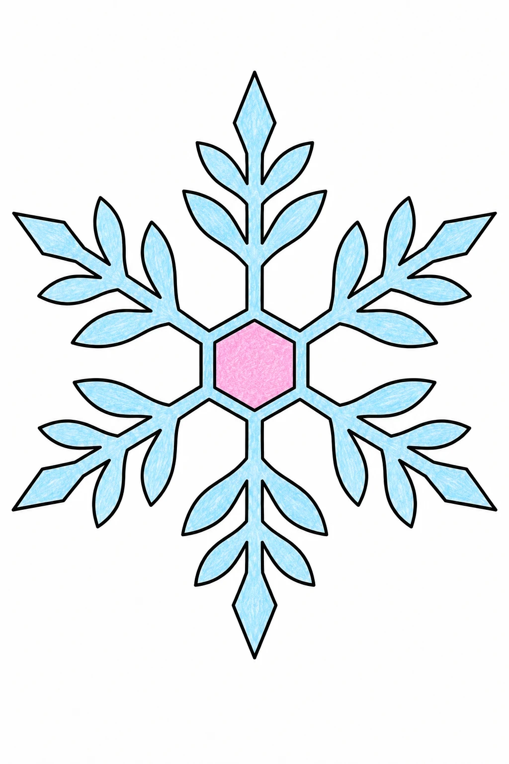 Six-armed snow crystal with pale-blue leaf-shaped branches and a pink hexagonal center.