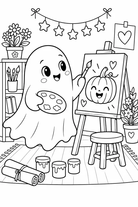 A smiling ghost holds a brush and palette beside an easel with a pumpkin painting.