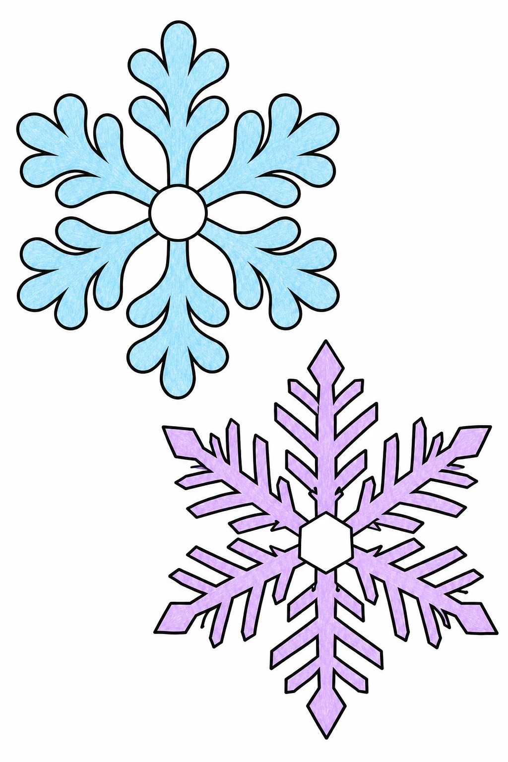 Two snow crystals: a blue rounded one at upper left and purple angular one at lower right, both with white centers.