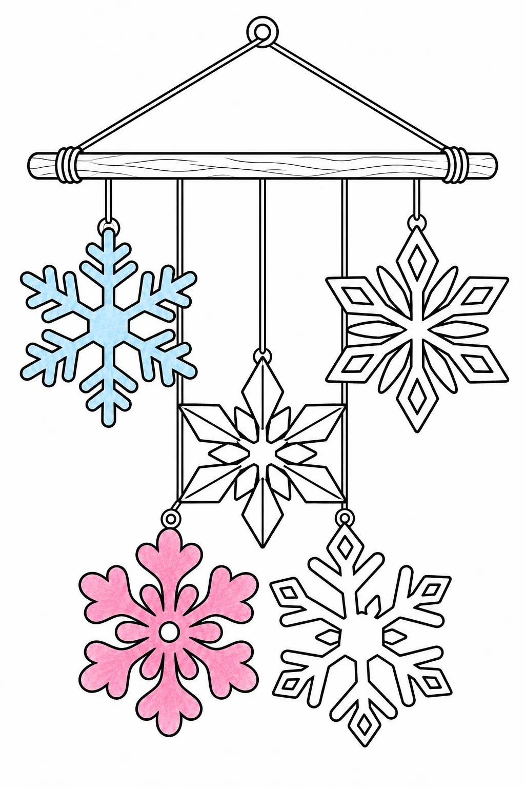 Five-crystal mobile with a blue upper-left snowflake and a pink rounded lower-left snowflake.