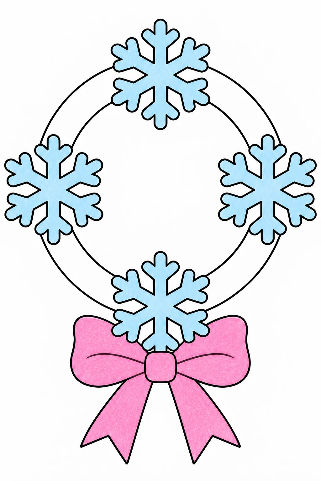 White wreath ring with four blue snowflakes and a pink bow at the bottom.