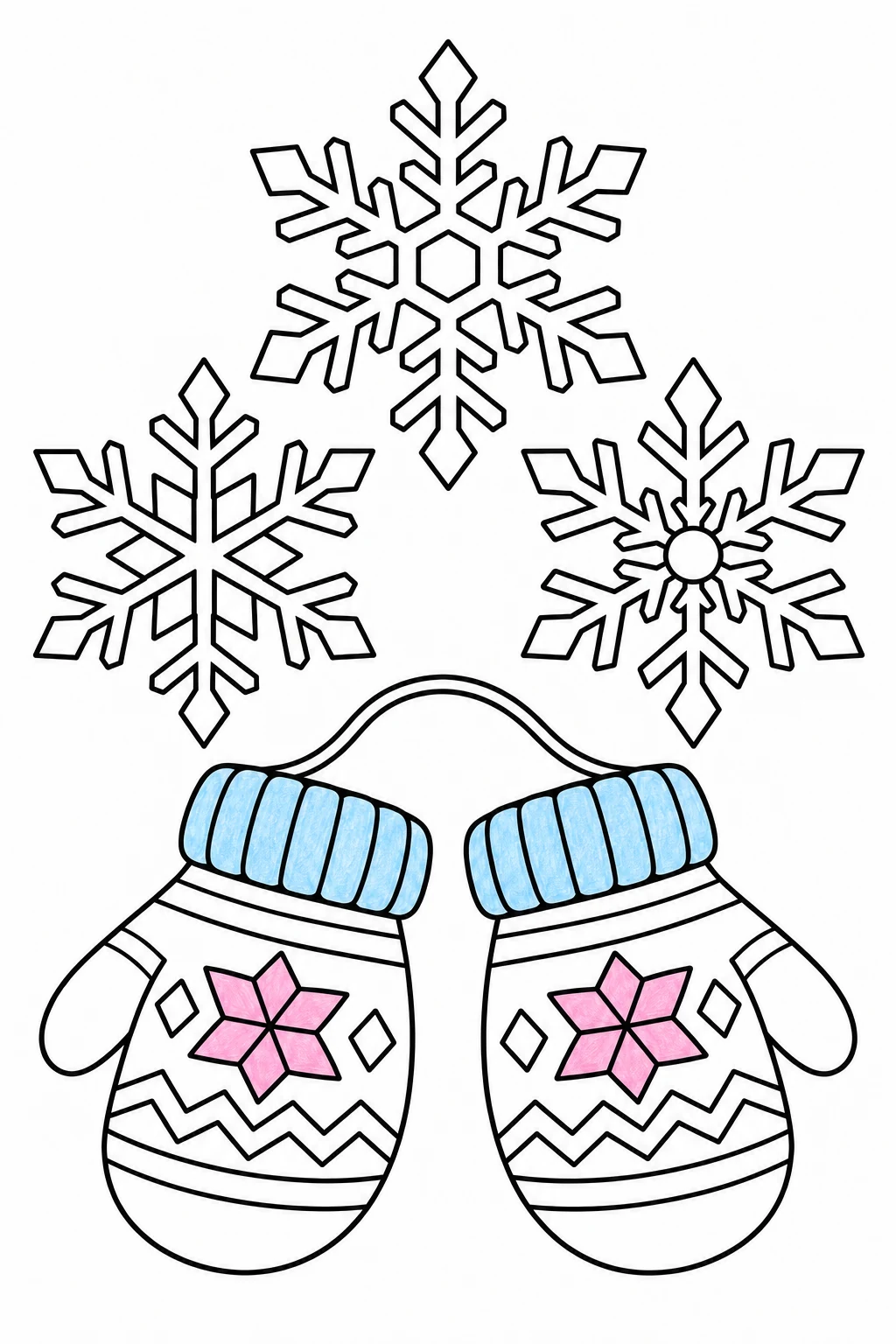 Two mittens with blue ribbed cuffs and pink geometric palm motifs below three white snowflakes.