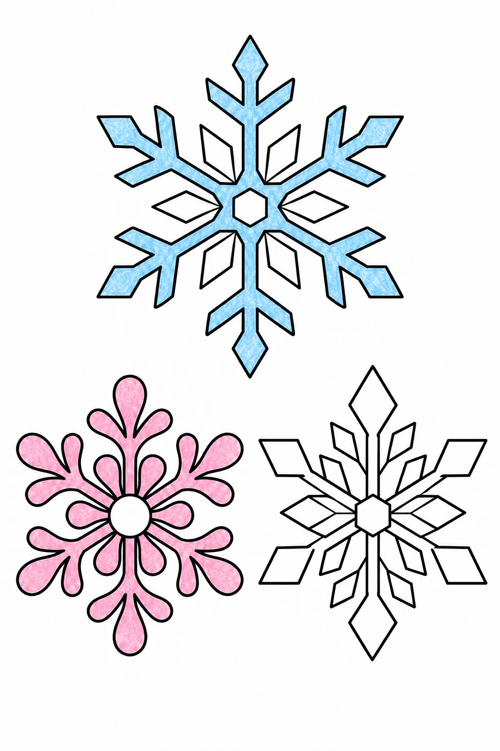 Three crystals, with blue arms at the top, pink rounded branches at lower left and an uncolored lower-right crystal.
