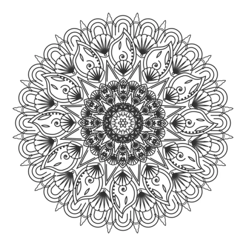 A ColorWillow mandala with dark outlines, layered petals and leaves, ready to color.