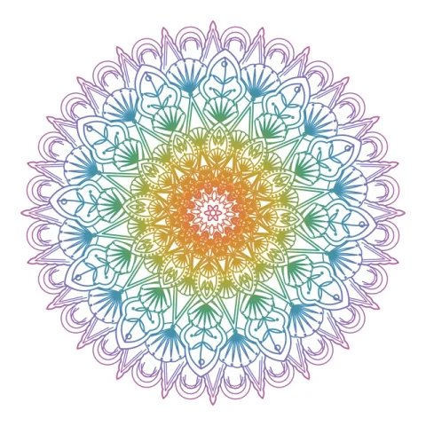 A mandala made with ColorWillow, with layered petals and leaves in rainbow colors.