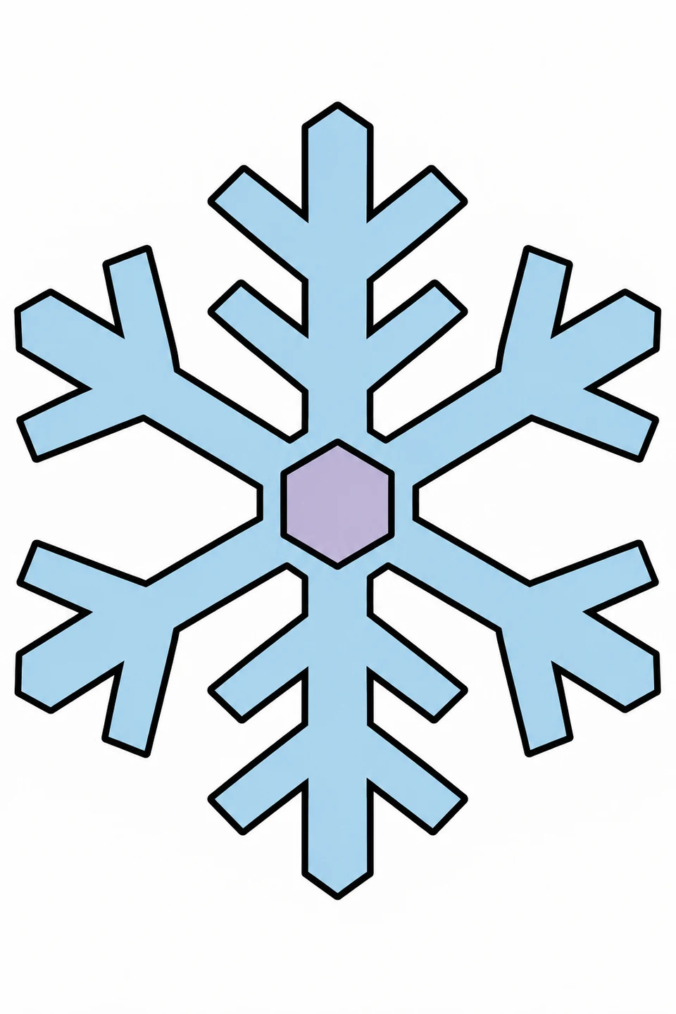 Six-armed blue snowflake with a lavender central hexagon on white.