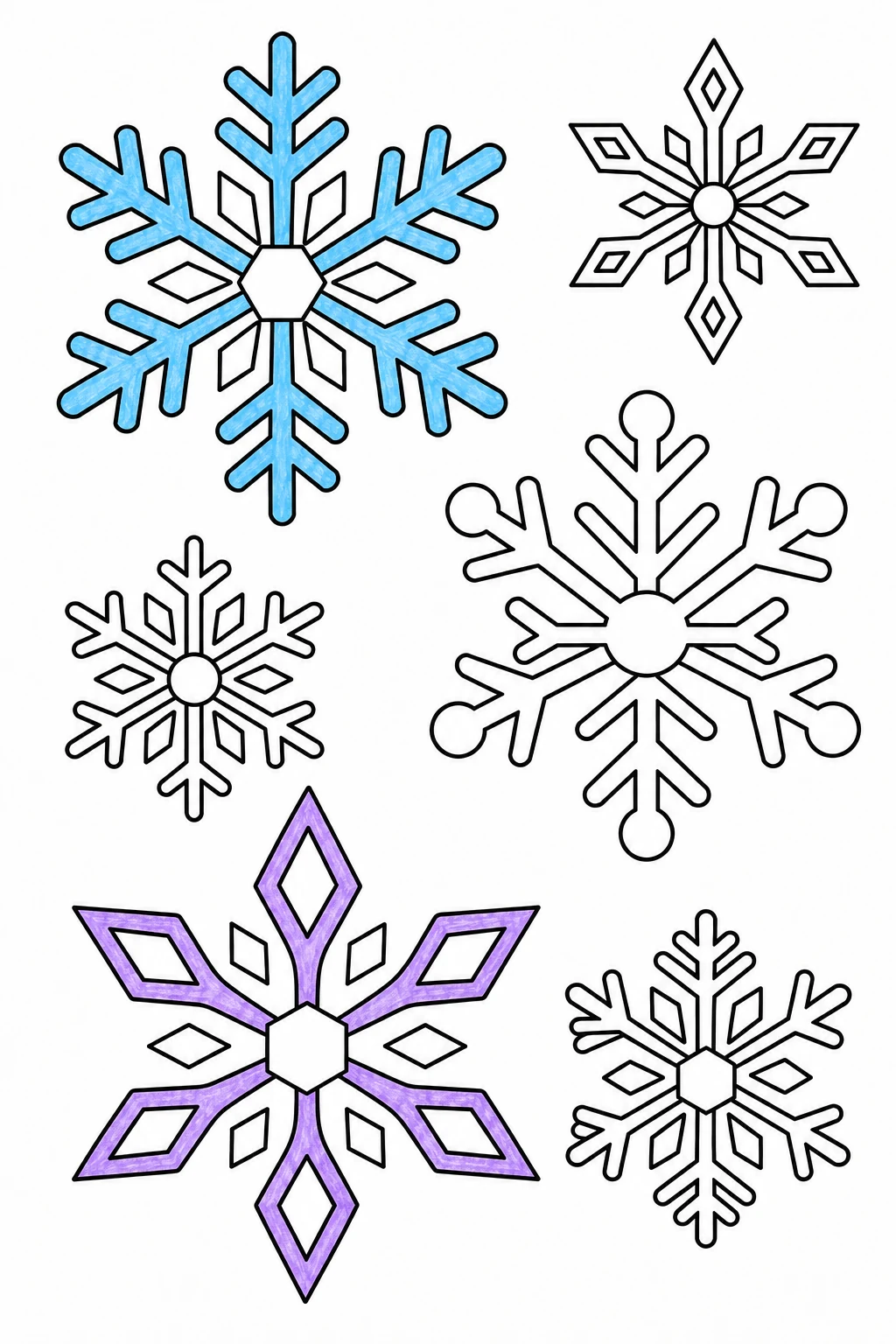 Six snowflakes with the upper-left branches blue and lower-left diamond branches purple, while four flakes stay white.