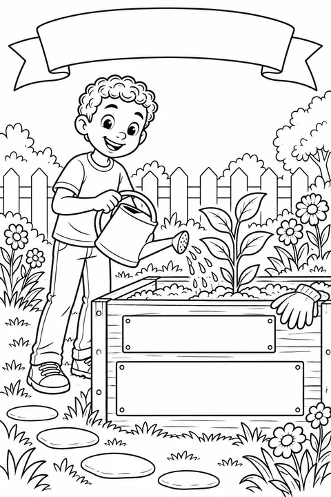 Boy watering a leafy plant in a raised bed beside flowers and a picket fence.