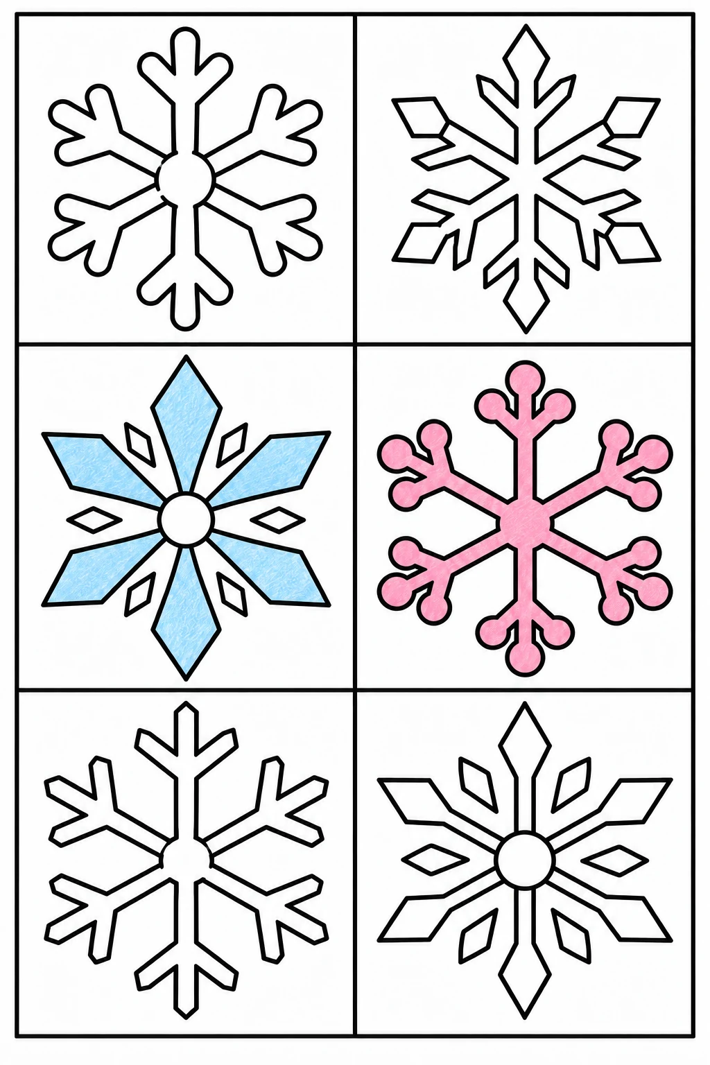 Six-panel snowflake design with blue diamond arms at middle left and a pink round-tipped flake at middle right.