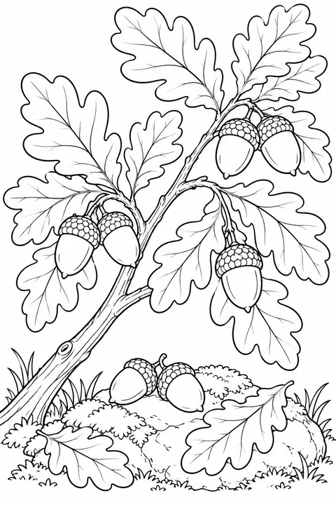 Clusters of acorns hang from a diagonal oak branch, with large lobed leaves and fallen acorns on a mossy stone.
