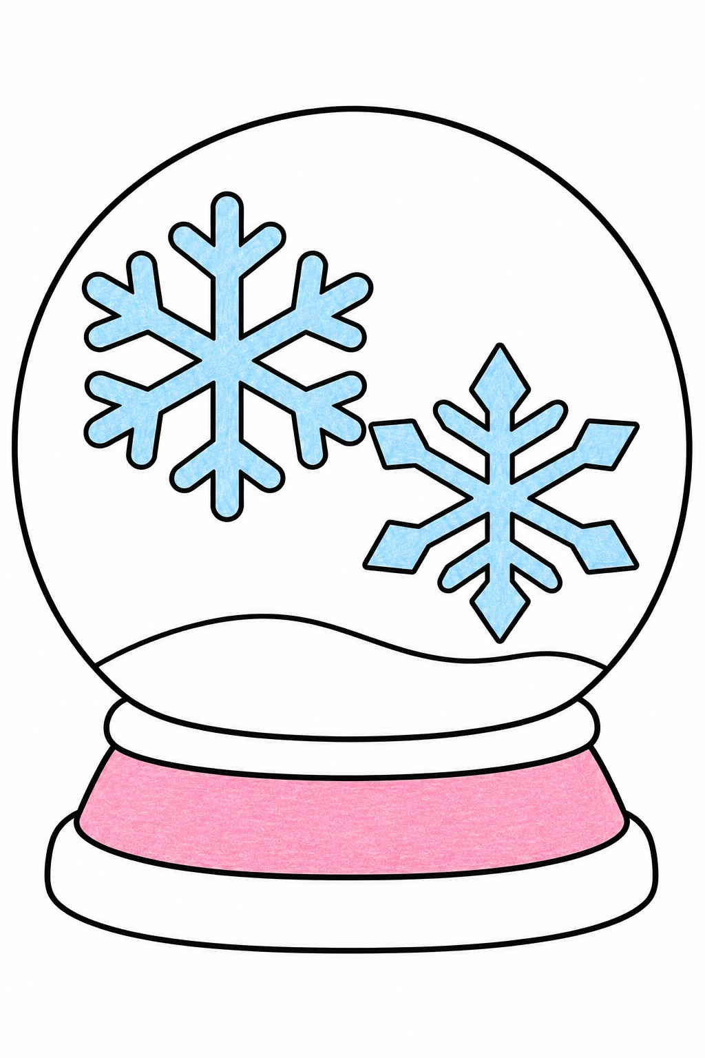 Snow globe with two blue snowflakes, white snow and a pink middle band on its base.