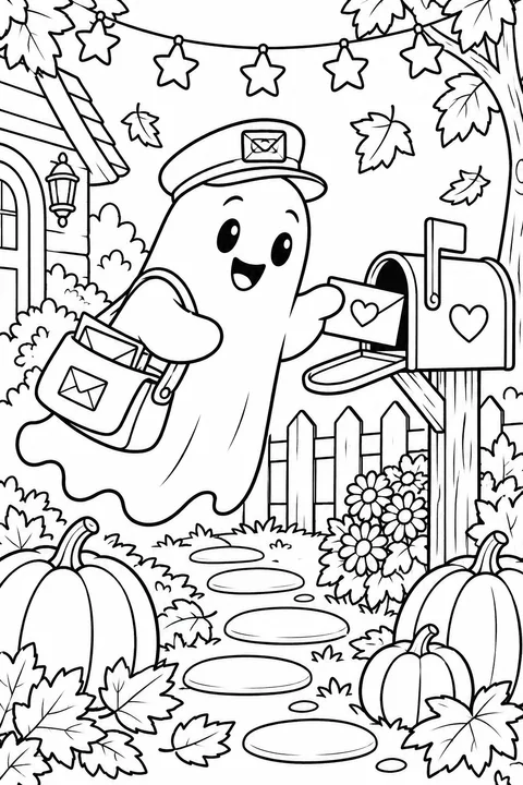 A ghost mail carrier puts a heart-decorated envelope into a garden mailbox.