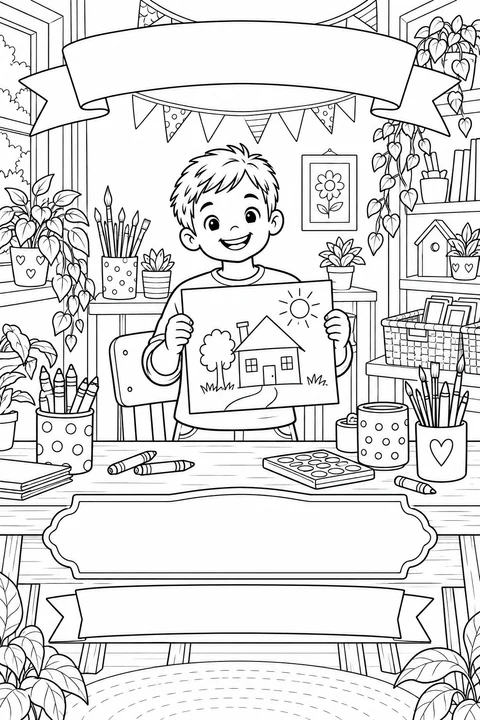 Smiling boy holding a house drawing among paintbrushes and potted plants.