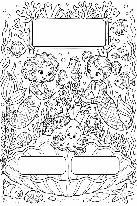 Two mermaids reach toward seahorses among coral, with an octopus and three blank panels.