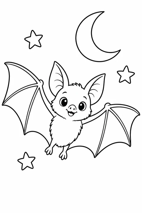 A smiling, large-eared bat with outstretched wings beneath a crescent moon and three stars.