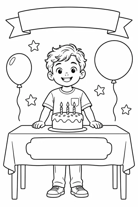 A smiling boy stands behind a candle-topped cake between two balloons.