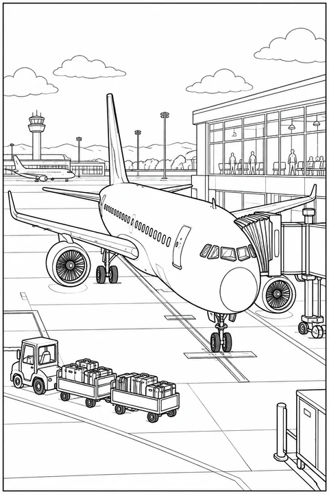 A passenger airplane beside a jet bridge, with luggage carts in front and an airport terminal, control tower and second plane behind.