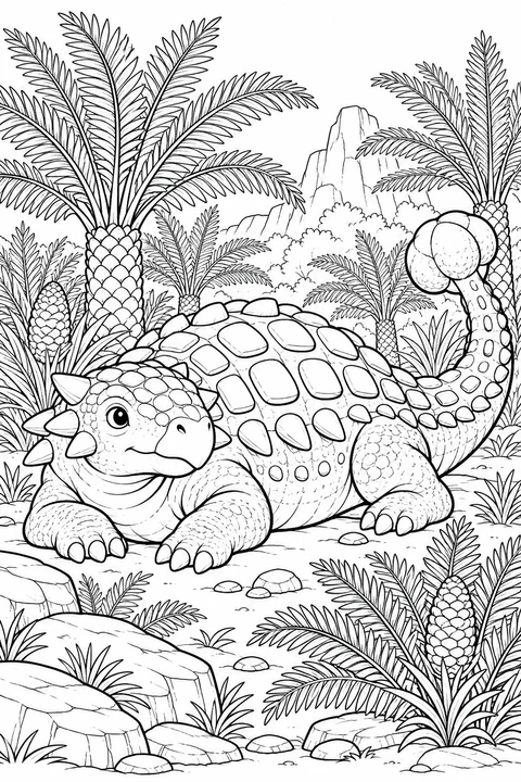 A gentle armored dinosaur rests among leafy cycads, ferns and stones.