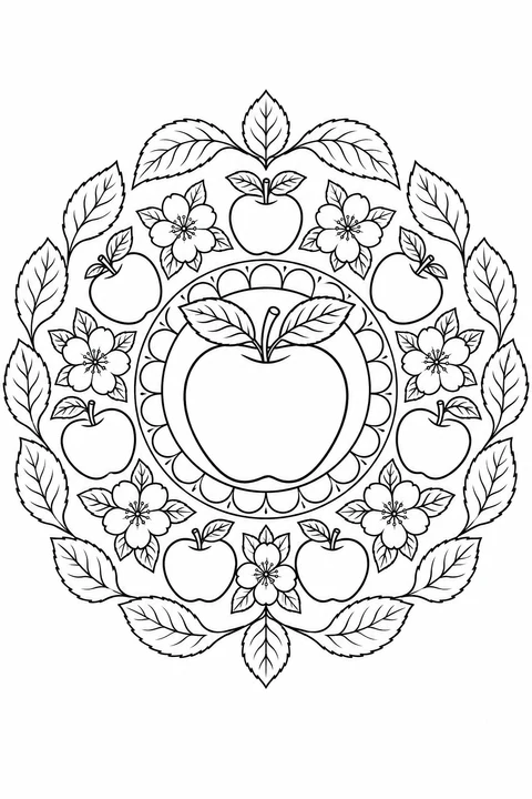 A large apple sits inside a scalloped ring, surrounded by smaller apples, five-petaled blossoms and leafy branches.