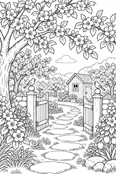 Flowering apple branches arch above an open garden gate, with two perched birds and stepping stones leading to a little shed.