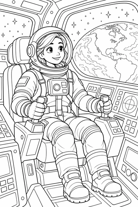 A woman astronaut sits strapped into a capsule seat with a control stick in each hand, surrounded by panels and a large view of Earth.