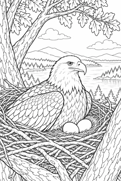 A bald eagle rests in a large tree nest beside two eggs, with leafy branches above and a quiet lake in the distance.