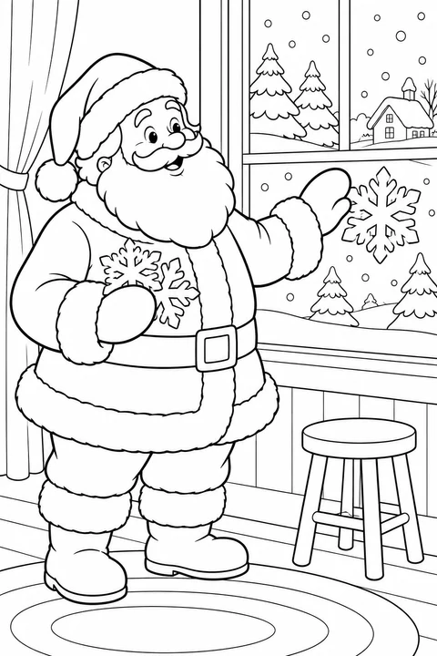 Santa places a paper snowflake on a window and holds two more.