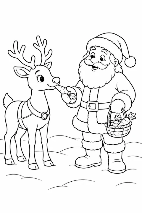 Santa offers a carrot to a reindeer and carries a basket of carrots.