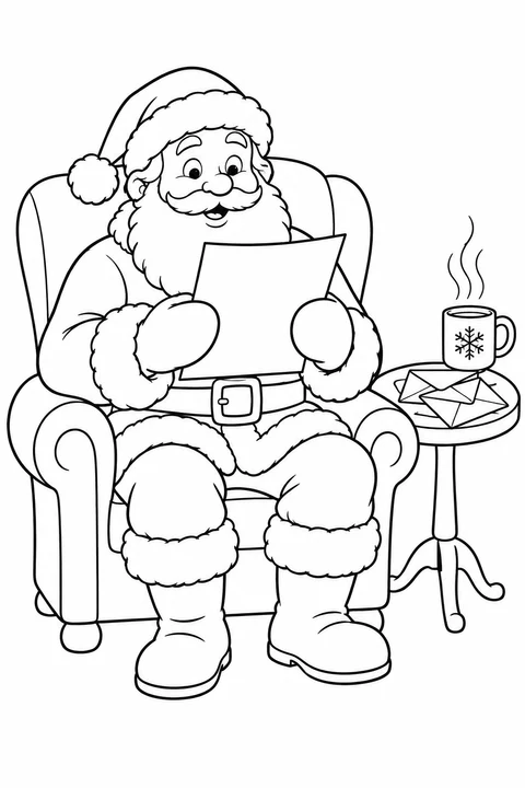 Santa holds a letter in an armchair beside envelopes and a steaming mug.