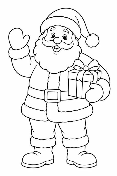 A smiling Santa waves and holds a gift tied with a bow.