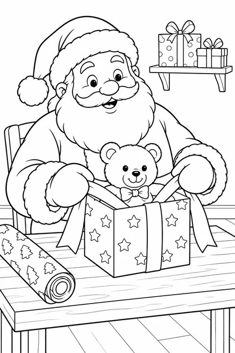 Santa wraps ribbon around a star-patterned gift box with a teddy bear inside.