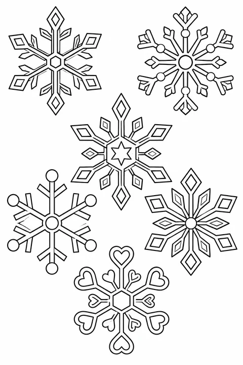 Six decorative snowflakes with diamond, circle, star and heart details.