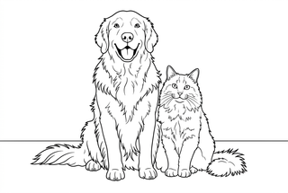 Black outlines of the seated dog and cat, with open areas for coloring